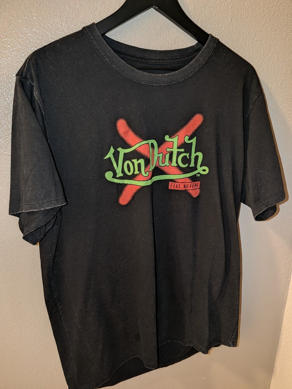 Von Dutch Men's Skull Graphic Tee Washed Black Double Sided "Feel No Fear"